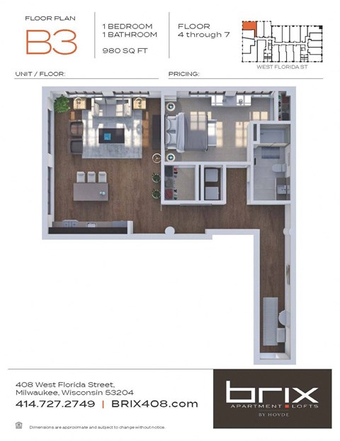Floor plan for 1 bed, 1 bath, 980 sqft
